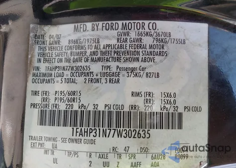 2007 Ford Focus S/Se/Ses from USA, damaged, VIN 1FAHP31N77W302635